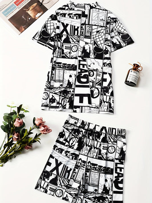 Anime Print Two piece Shorts Set Top & Casual Shorts