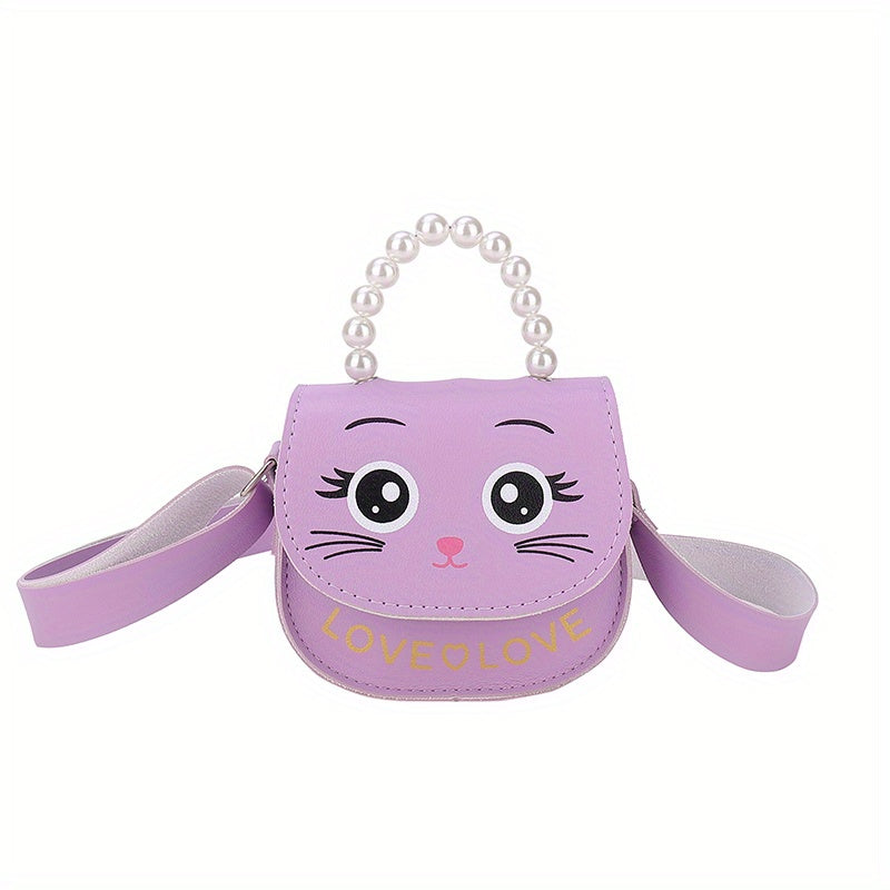 Girls Cat Shoulder Bag With Pearl Handle Strap Sweet Handbag Crossbody Bag