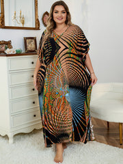 Boho Plus Size Cover Up Graphic Print V Neck Maxi Beach Dress