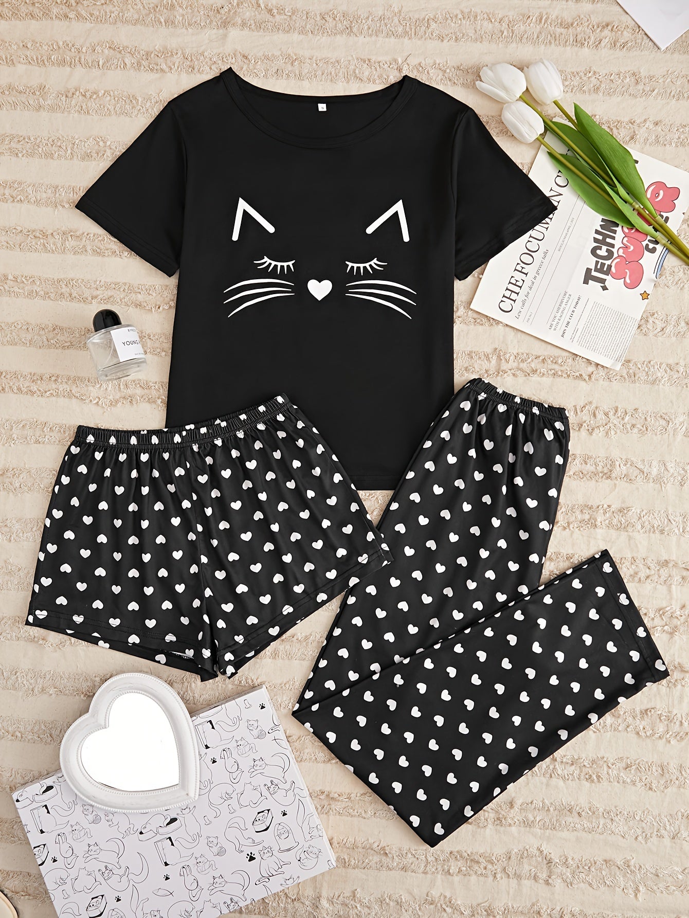 3pcs Cat & Heart Print Pajama Set Women's Loungewear Sleepwear