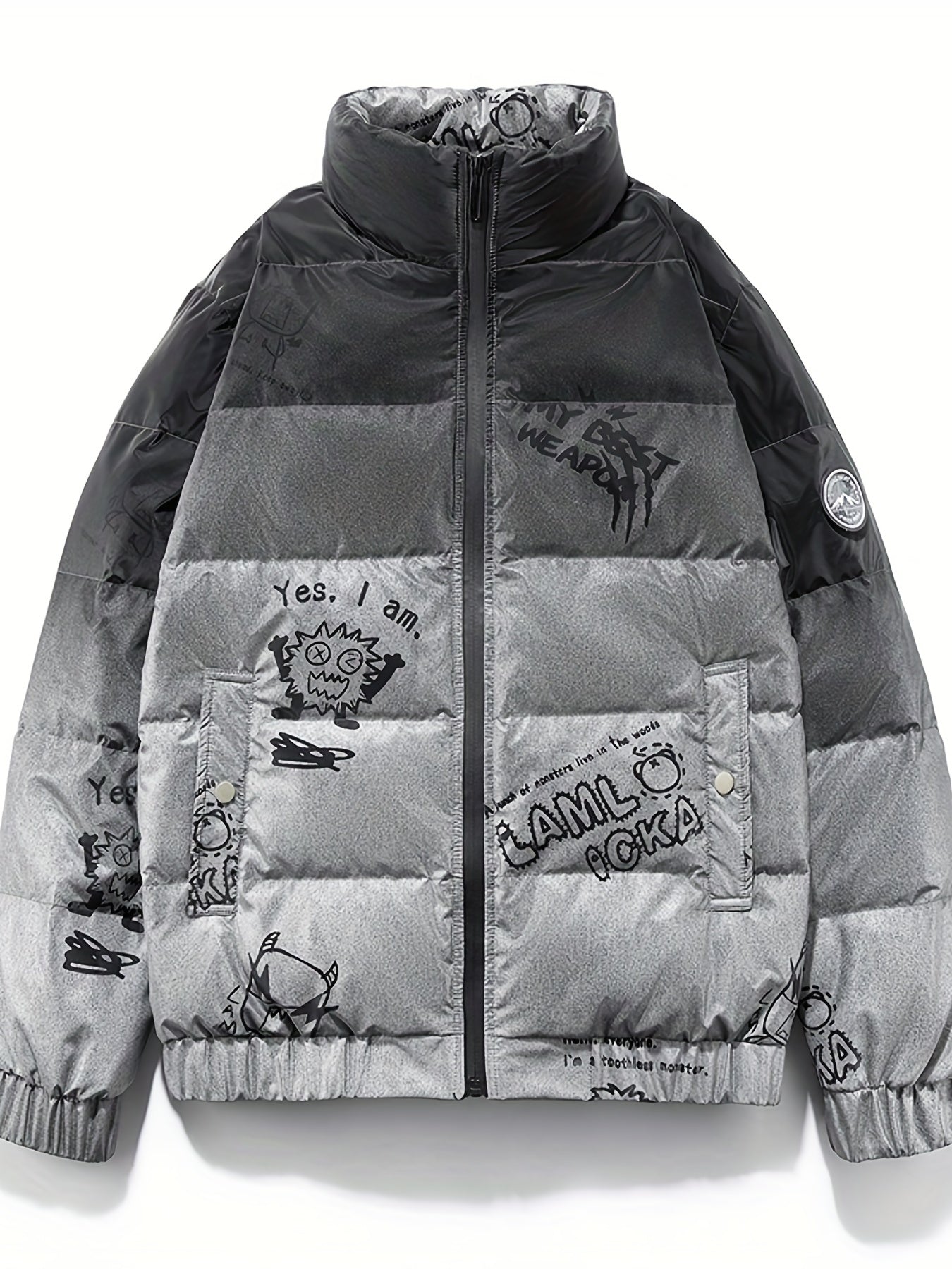 Graffiti Print Puffer Jacket Men's Stand Collar Down Coat