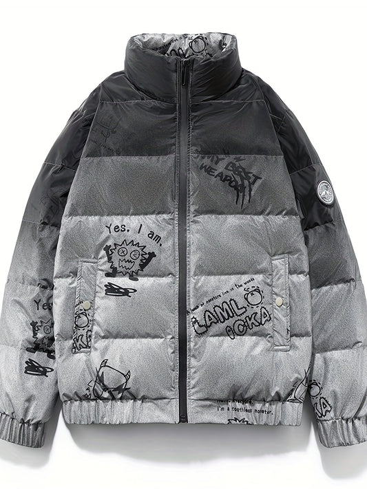 Graffiti Print Puffer Jacket Men's Stand Collar Down Coat