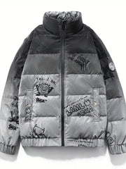 Graffiti Print Puffer Jacket Men's Stand Collar Down Coat