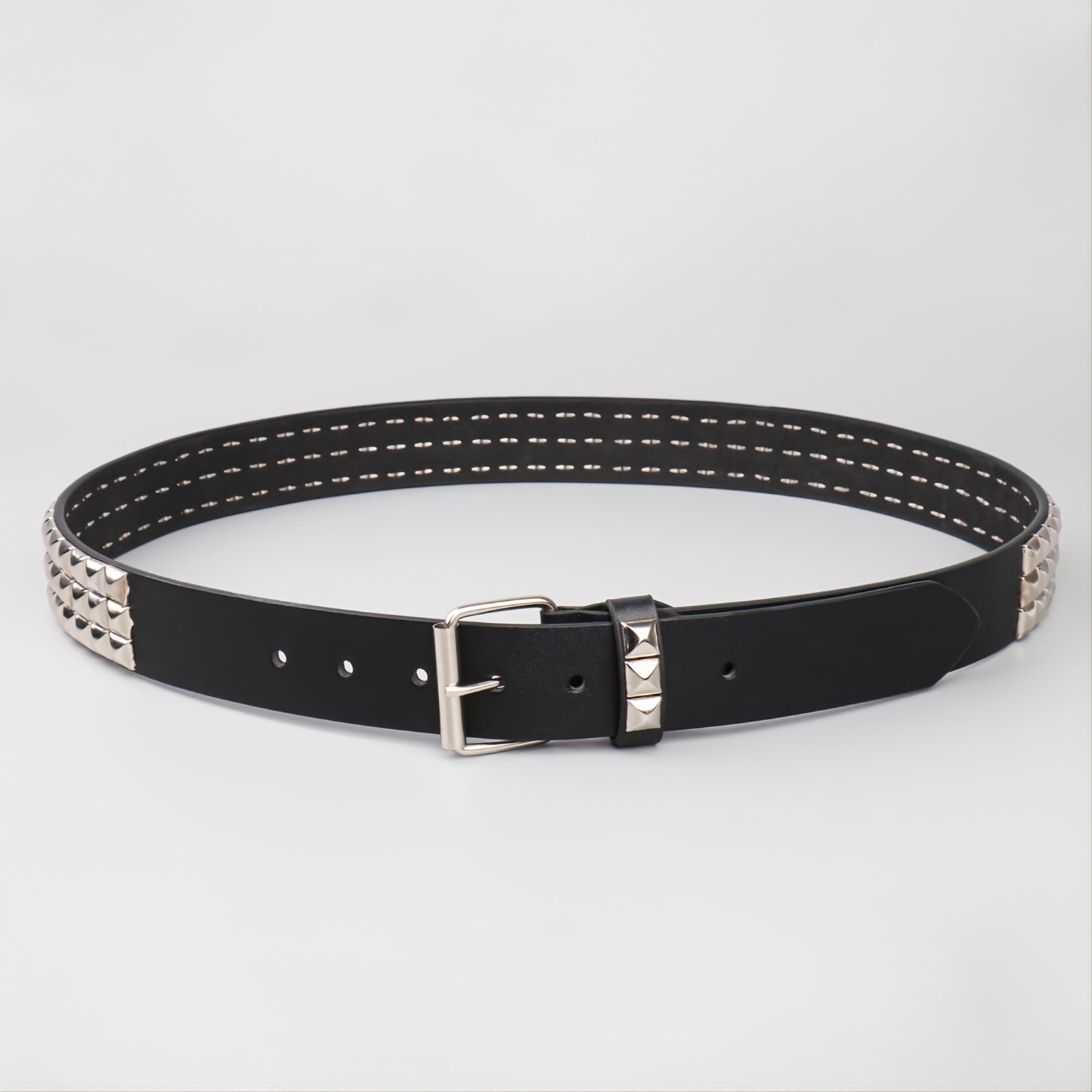 Pyramid Men's Belt - Genuine Leather Black Dress Belt with Silver Buckle