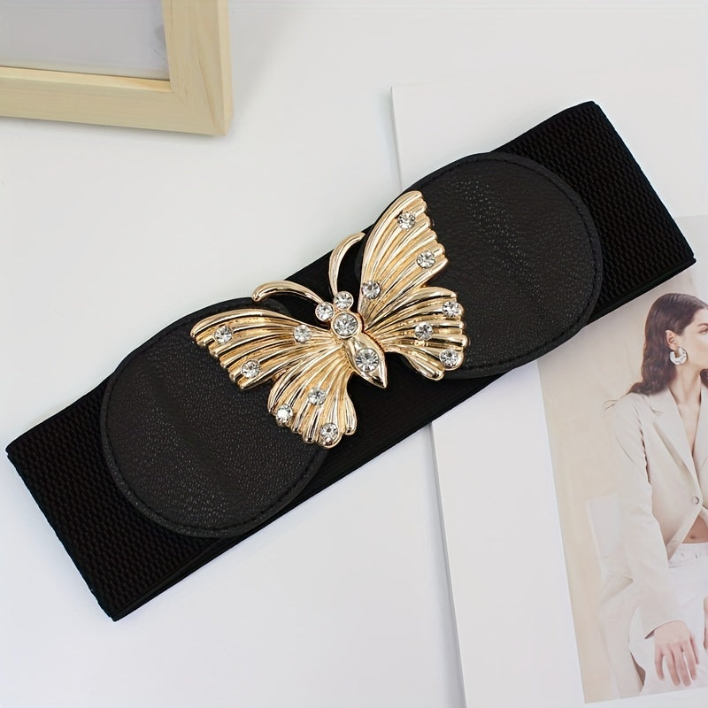 Rhinestone Metal Butterfly Waist Belt Vintage Elastic Wide Dress Belt