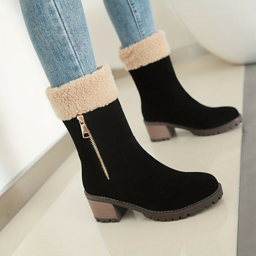 Women's Ankle Snow Boots Faux Fur Plush Lined Chunky Heels