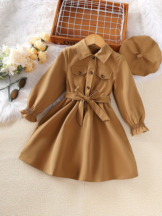 Girls' Casual Button Long Sleeve Tunic Shirt Dress With Hat Set