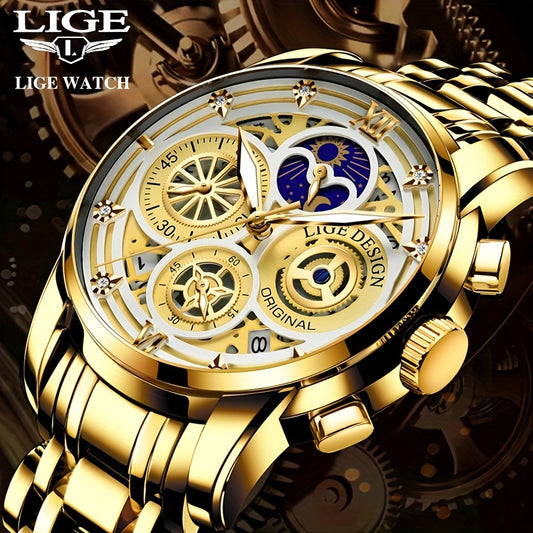 LIGE Boy's Sports Quartz Watch Full Steel Waterproof Chronograph