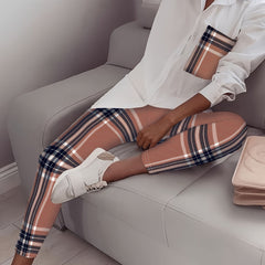 Women's Plus Plaid Print Button Up Shirt & Leggings 2 Pc Set