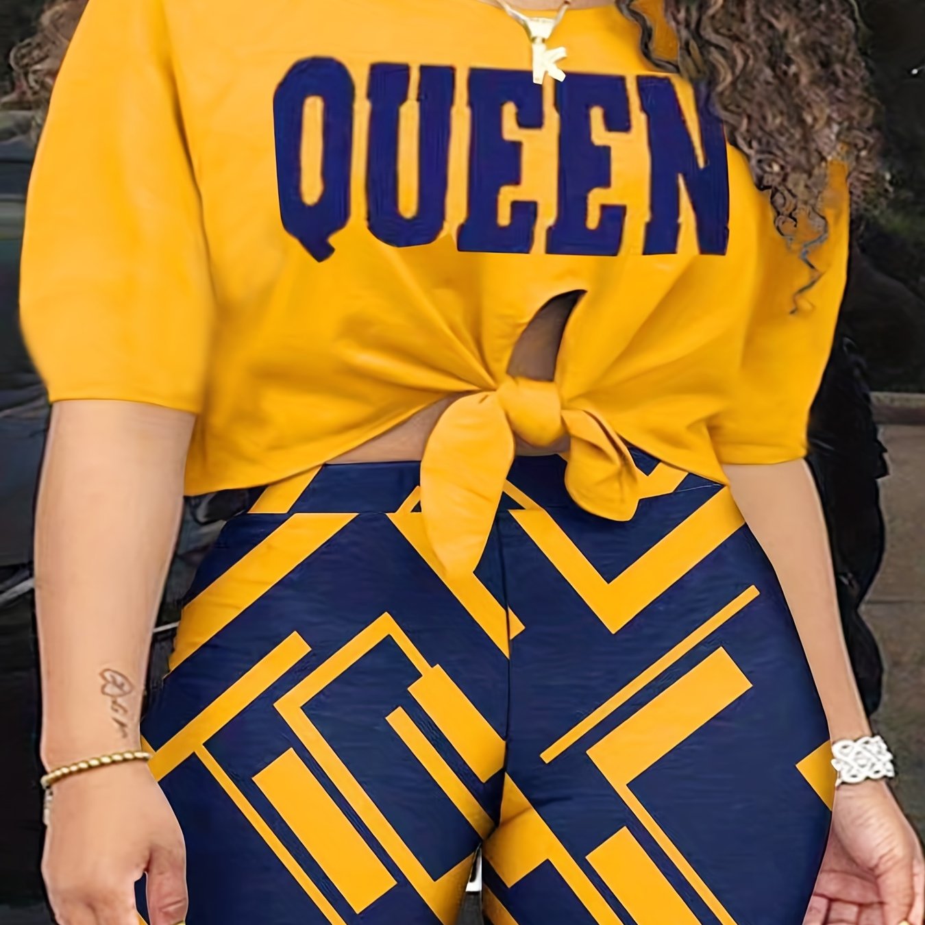  Sexy Outfits Set Women's Plus Letter Print Crew Neck