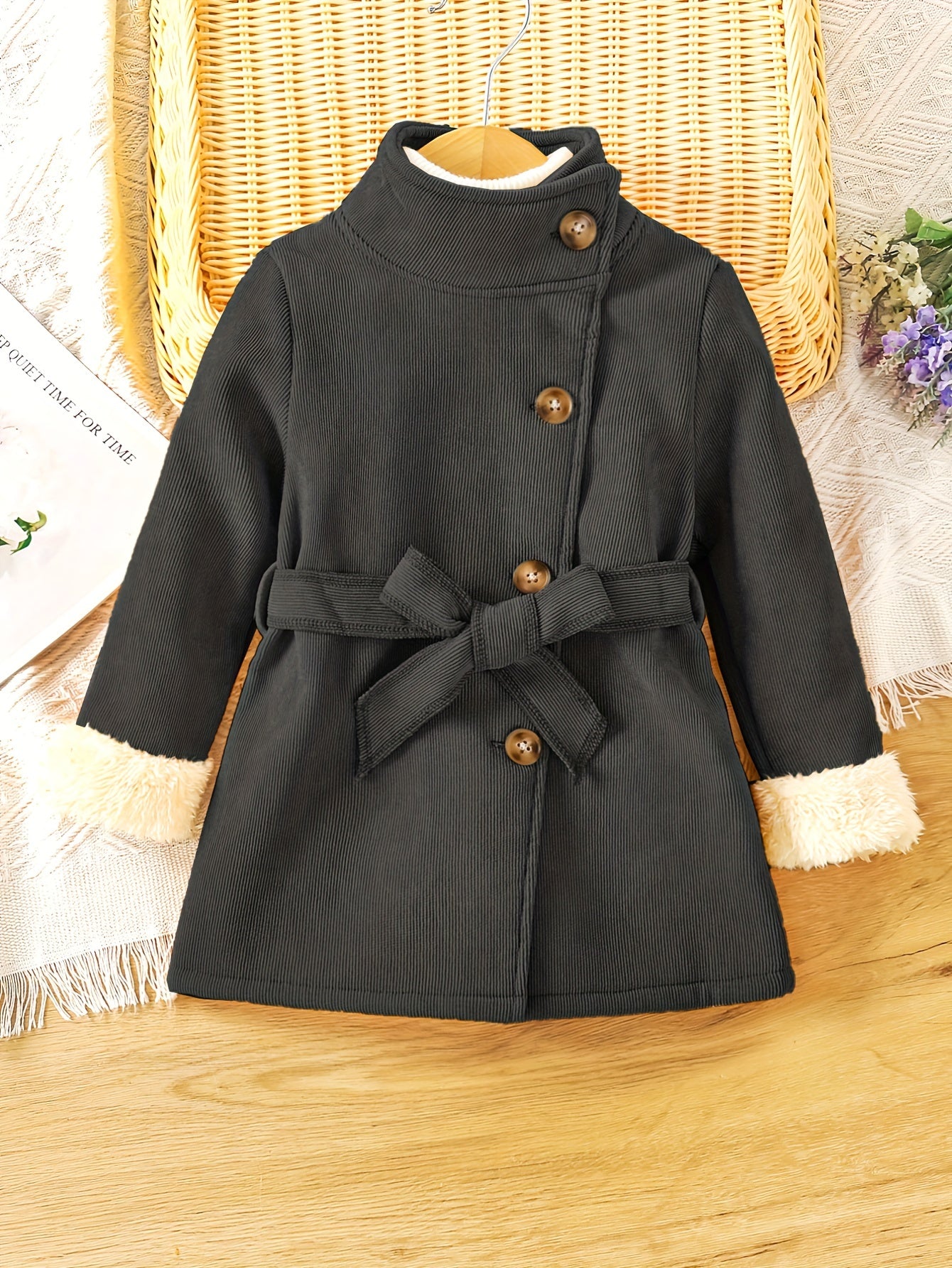 Baby Girls Solid High Neck Fleece Coat With Belt Kids Winter Jacket