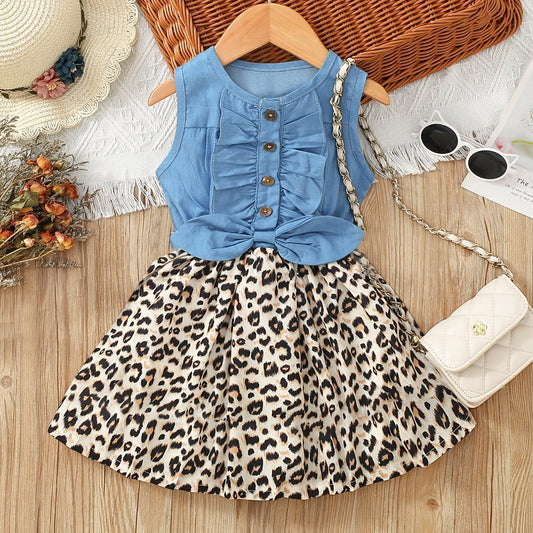 Girl's Sleeveless Denim Leopard Print Dress