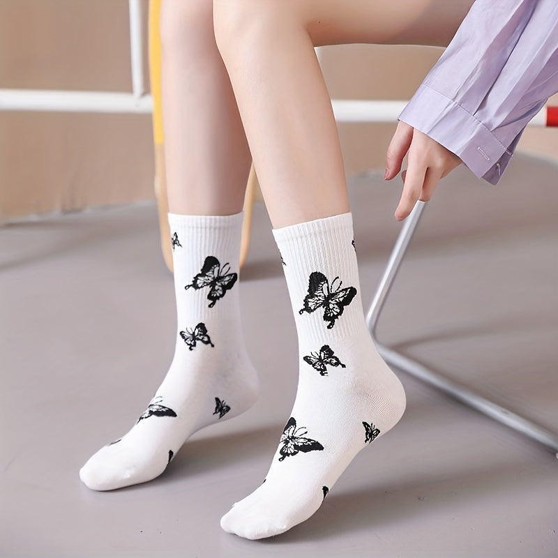 6 Pairs Butterfly Print Socks Casual & Mid Tube Women's Stockings