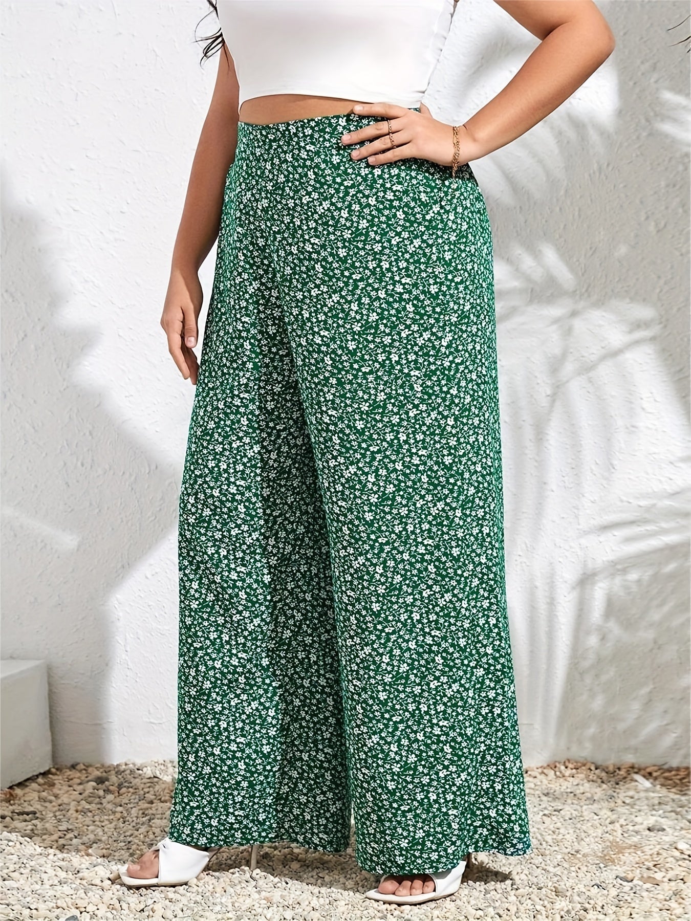  Ditsy Print High Rise Loose Wide Leg Pants