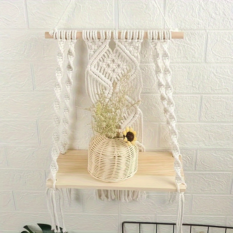 Boho Macrame Wall Shelf Wooden Hanging Storage Rack with Rope