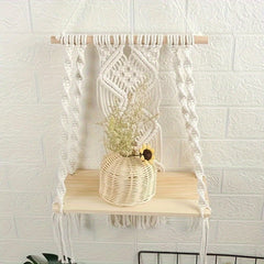 Boho Macrame Wall Shelf Wooden Hanging Storage Rack with Rope
