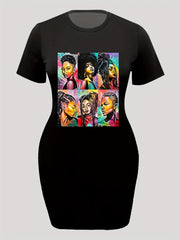  Casual Tee Dress Figure Print Short Sleeve High Stretch