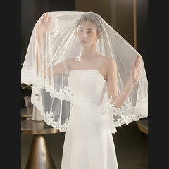Bridal Veil with Embroidered Floral Tulle Overlay for Weddings