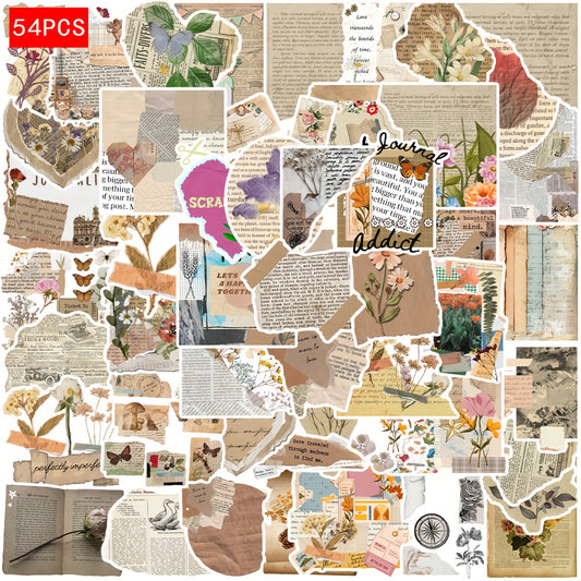 54pcs Retro PVC Stickers Collage Self Adhesive Decals Mixed Colors