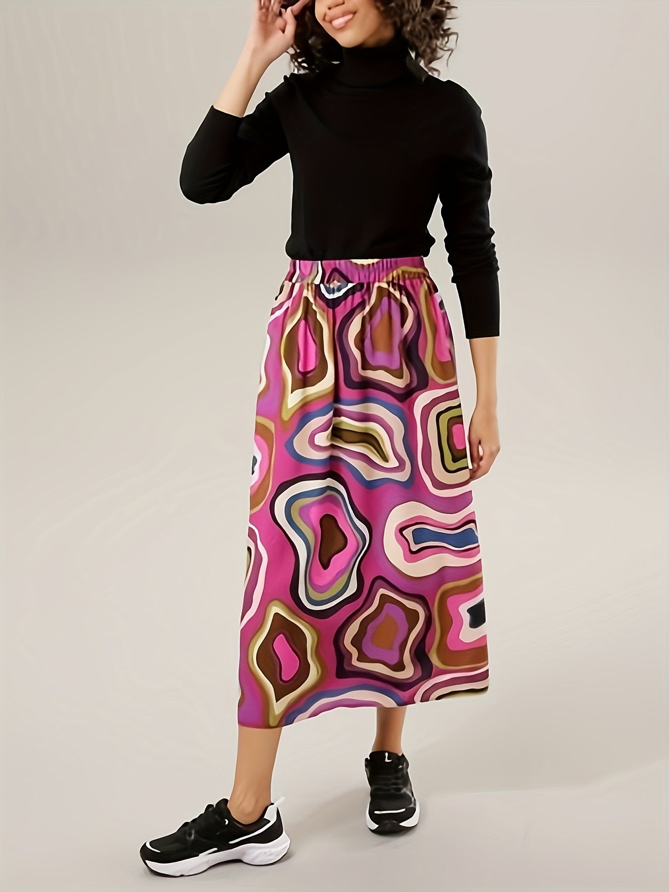  Allover Print Elastic Waist High Rise Skirt