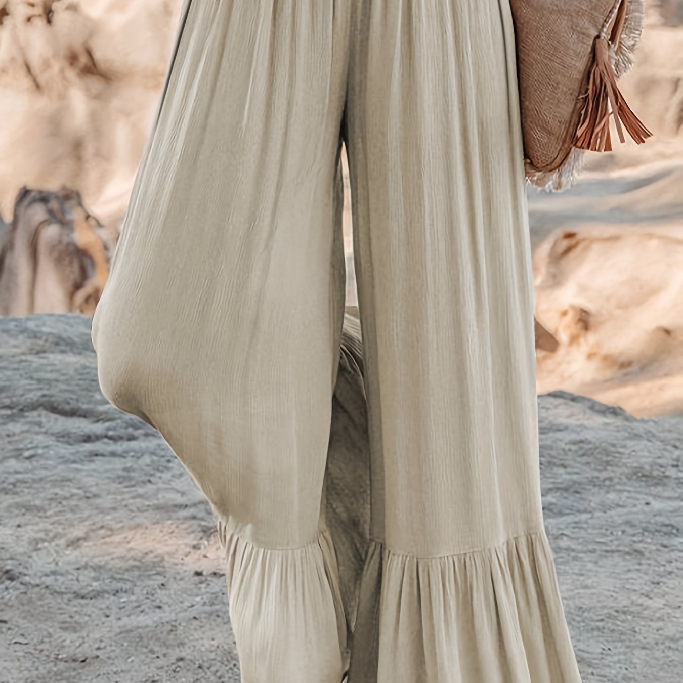  Solid Elastic Waist High Rise Wide Leg Trousers