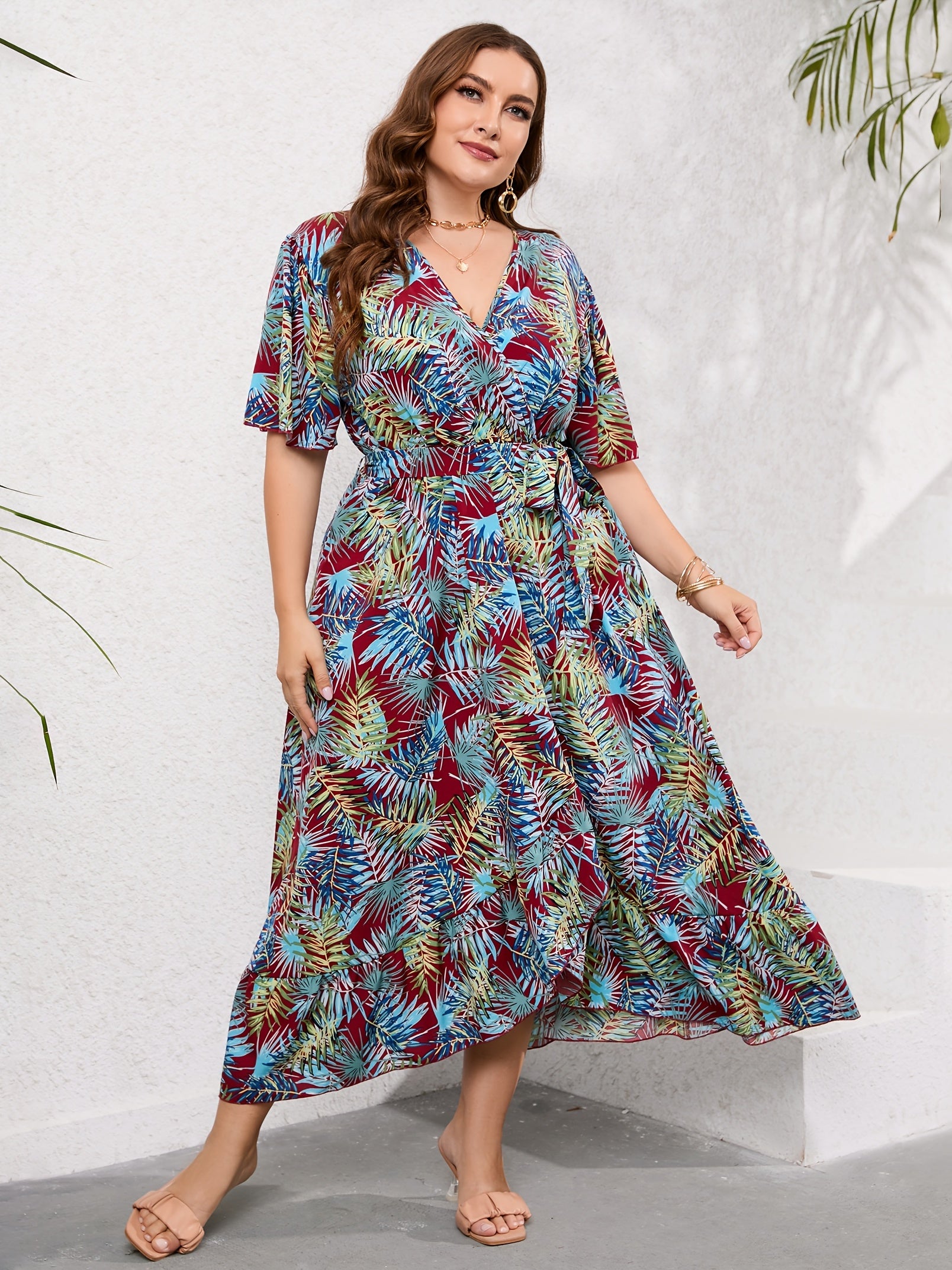  Tropical Print Maxi Wrap Dress With Belt