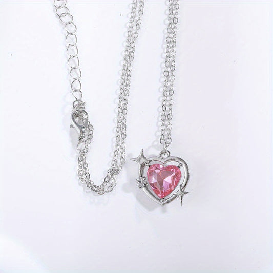 Y2K Love Heart Pendant Necklace Pink Crystal Punk Clavicle Chain