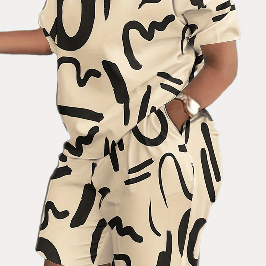 Casual Printed Two piece Set Crew Neck Short Sleeve Tops & Comfy Shorts