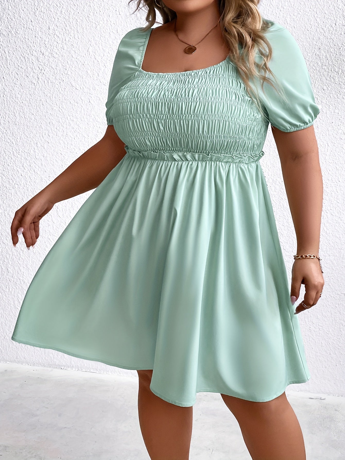  Solid Shirred Puff Sleeve Mini Dress