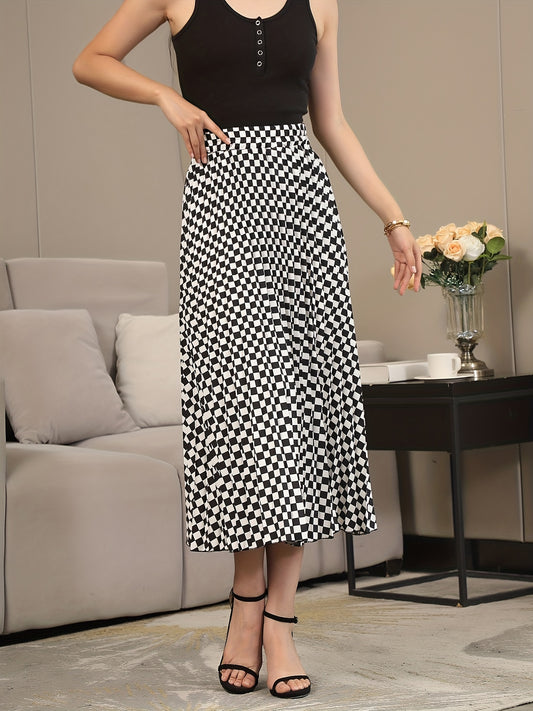Checkerboard Print Pleated Skirts High Waist Women's Clothing