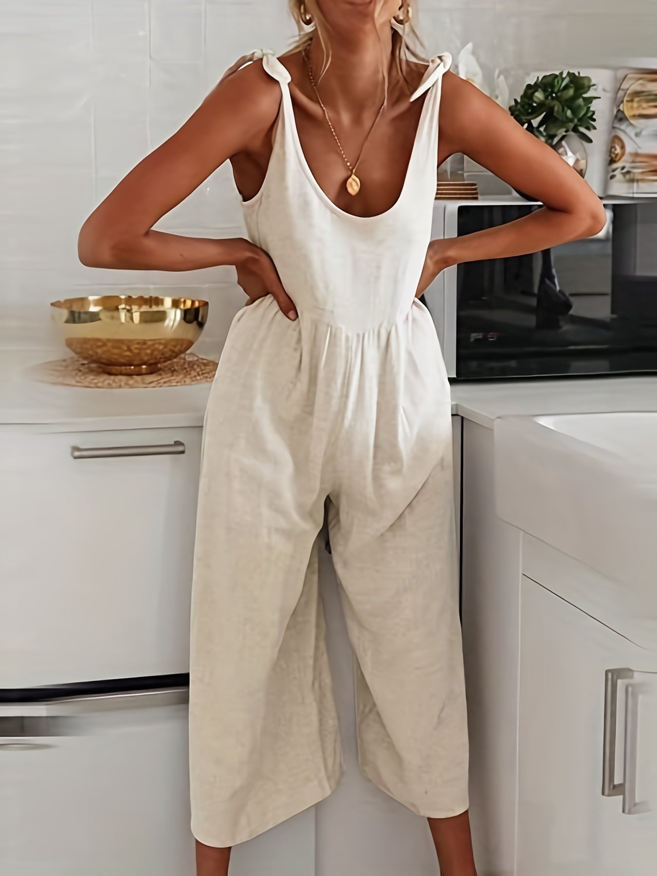 Solid Scoop Neck Jumpsuit Sleeveless Wide Leg