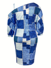 Denim Print One Shoulder Midi Dress