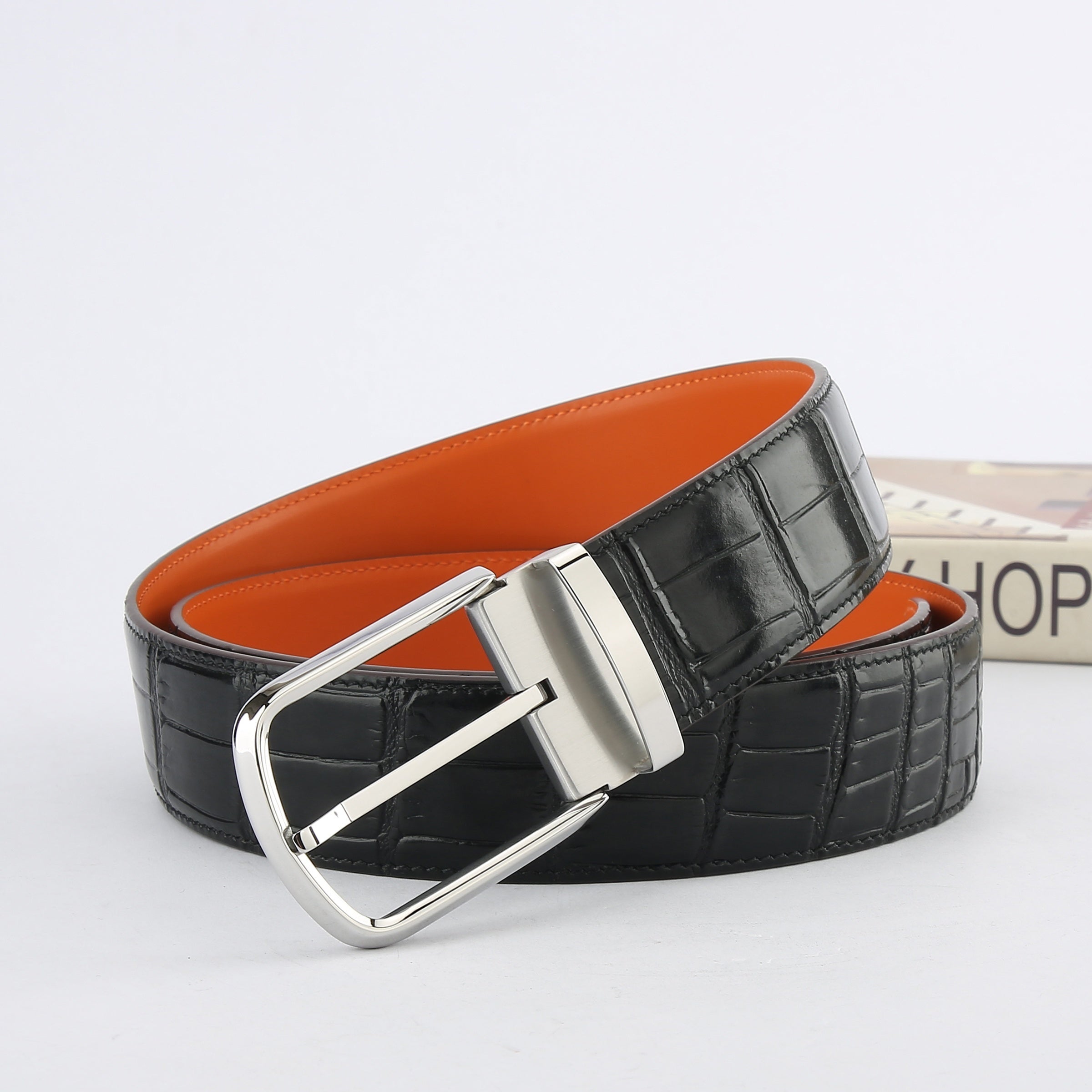 Cowhide Leather Belt Crocodile Pattern Stainless Steel Insert Buckle