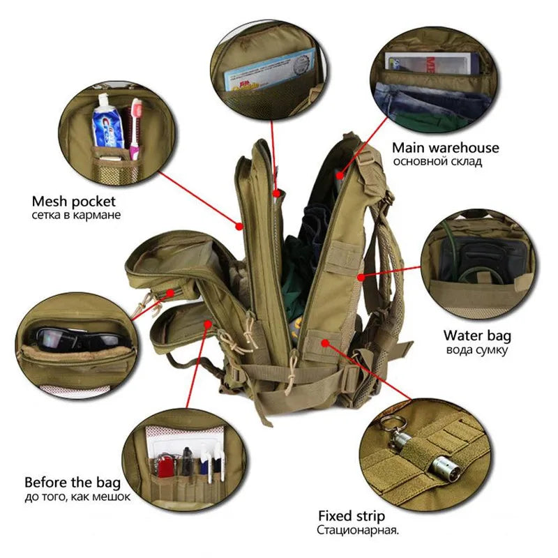 25L 3P Tactical Backpack Military Army Outdoor Bag Rucksack Men Camping