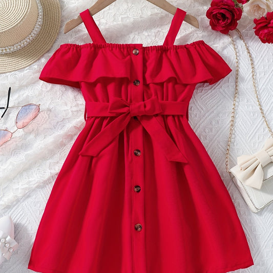 Toddler Girls Ruffle Trim Cold Shoulder Dress For Party Beach Vacation