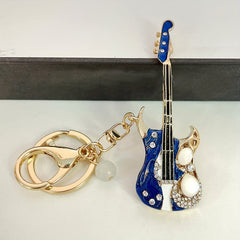 Rhinestone Guitar Keychain Musical Instrument Metal Key Ring Purse Bag Charm