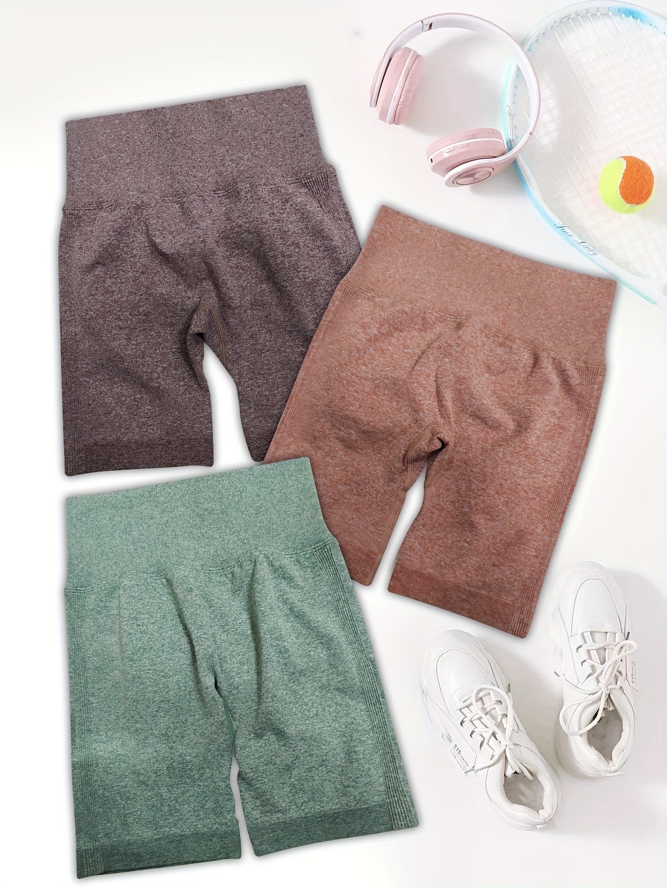 3pcs Solid Sports Shorts High Stretch Running Yoga Workout