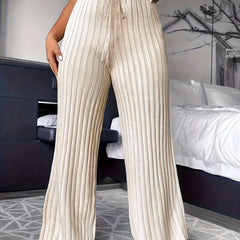  Solid Ribbed Drawstring Elastic High Rise Pants