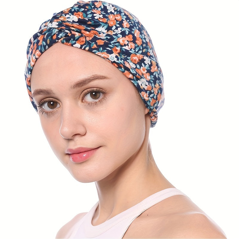 Boho Floral Print Turban Cap Elastic Beanie Knotted Pleated Head Wrap