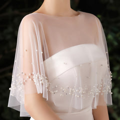 Pearl Adorned Bridal Shawl Tulle Cape with Sheer Sleeves