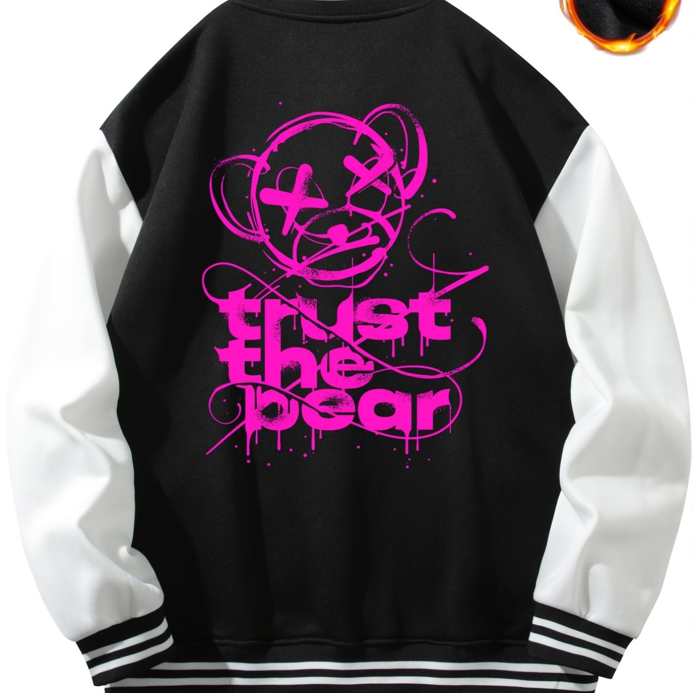 Men's Bear Print Lightweight Fleece Baseball Jacket