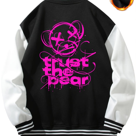Men's Bear Print Lightweight Fleece Baseball Jacket