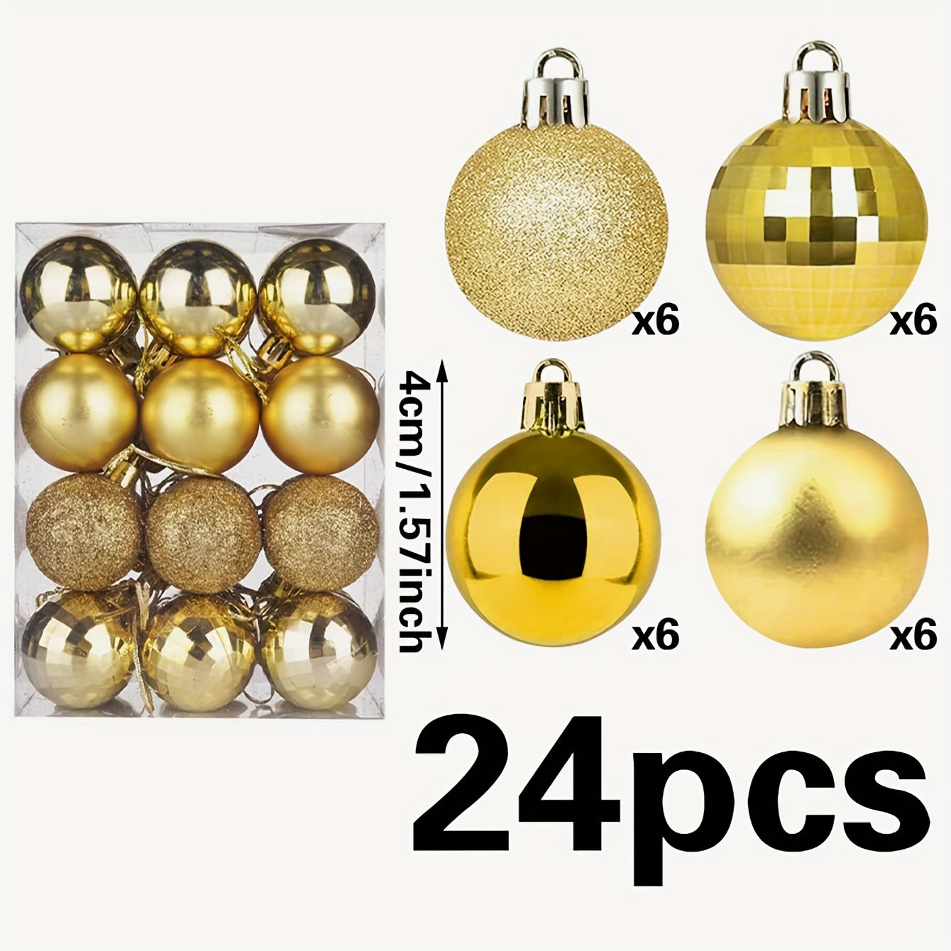 24pcs Shatterproof Christmas Baubles Mirror Finished & Glitter