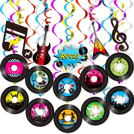 Rock & Roll Hanging Swirls & Record Cutouts for Music Party Decorations