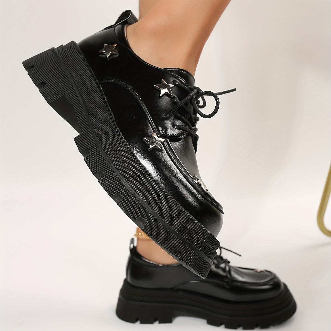 Women's Star Pattern Platform Loafers Lace Up Shoes