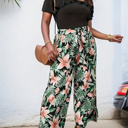 Plus Ruffle Trim Off Shoulder Top & Tropical Print Wide Leg