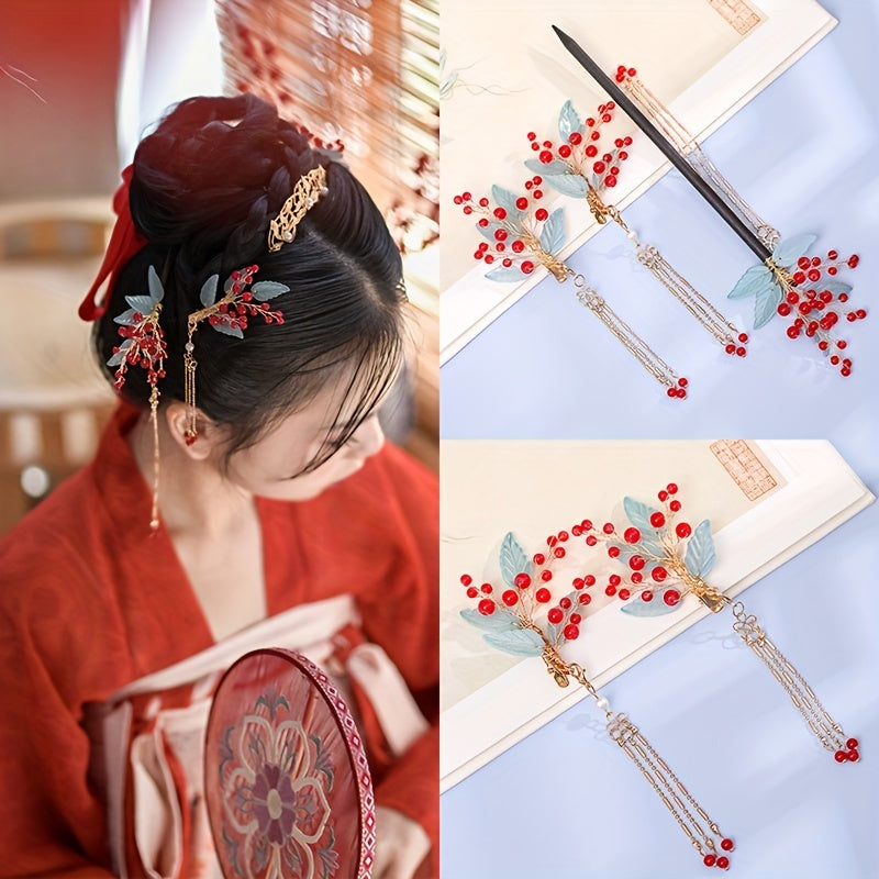 Wooden Hairpin With Tassel Red Beads