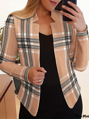 Plaid Print Long Sleeve Open Front Blazer