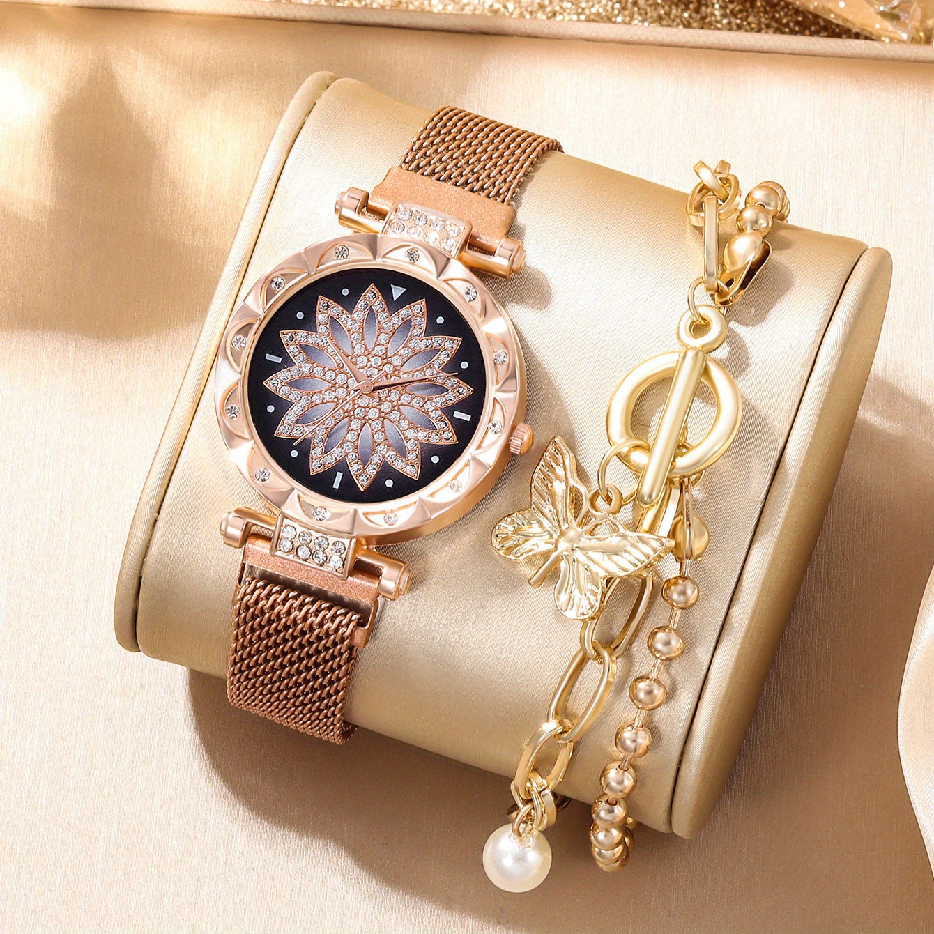 Digital Rhinestone Studded Watch & Butterfly Bracelet Set