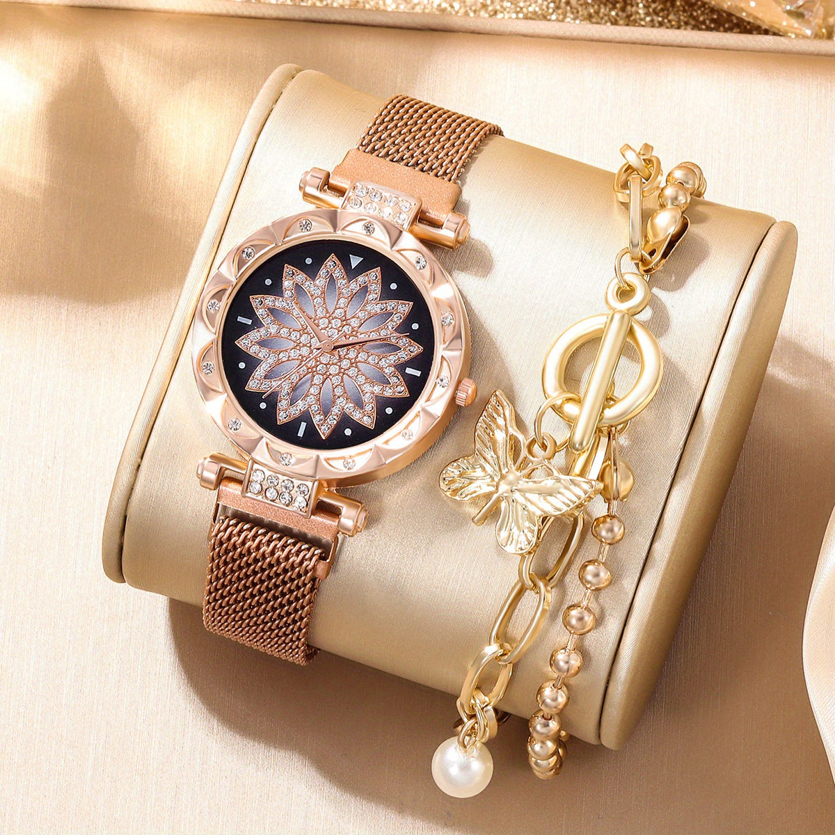 Digital Rhinestone Studded Watch & Butterfly Bracelet Set